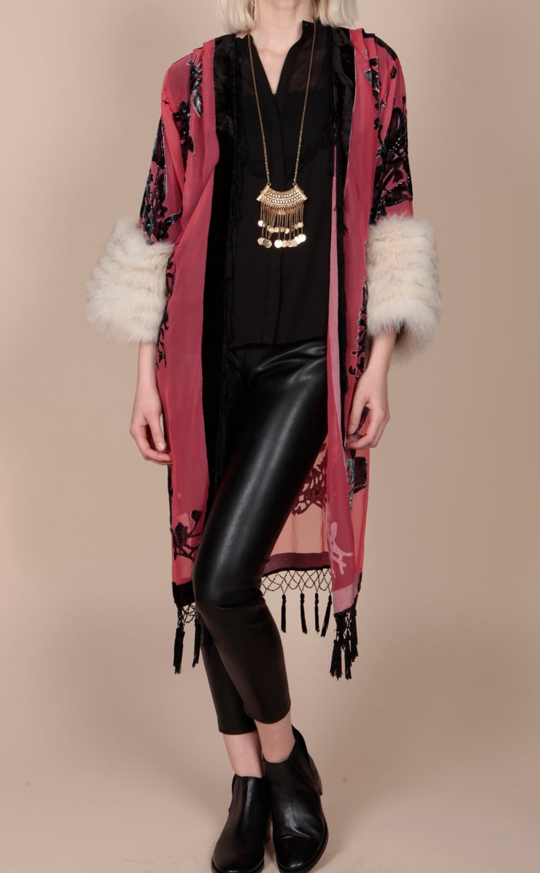 Image of Silk chiffon, fox fur and beaded kimono