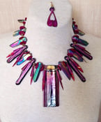 Image of Dichroic glass pendant and spikes, brass, and shell set