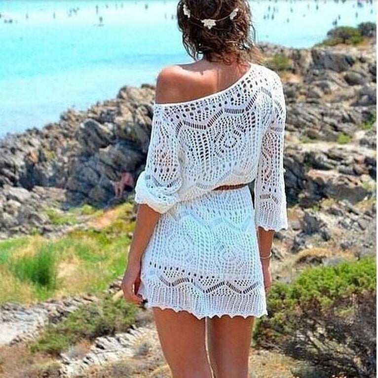 Image of BEACH DRESS LACE HOLLOW INCLINED SHOULDER SEXY DRESS