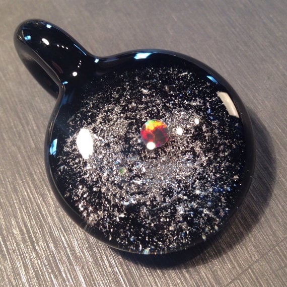 Image of Deep Space Galaxy Boro Glass Pendant w/ Meteor Cloud and Opal Moon
