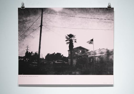 Image of “The Less You See…” #1 [Power pole, palm, and flag]