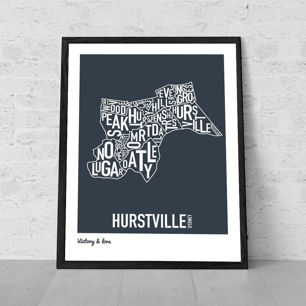 Image of Hurstville City Typographic Map - Available in Charcoal or AQUA