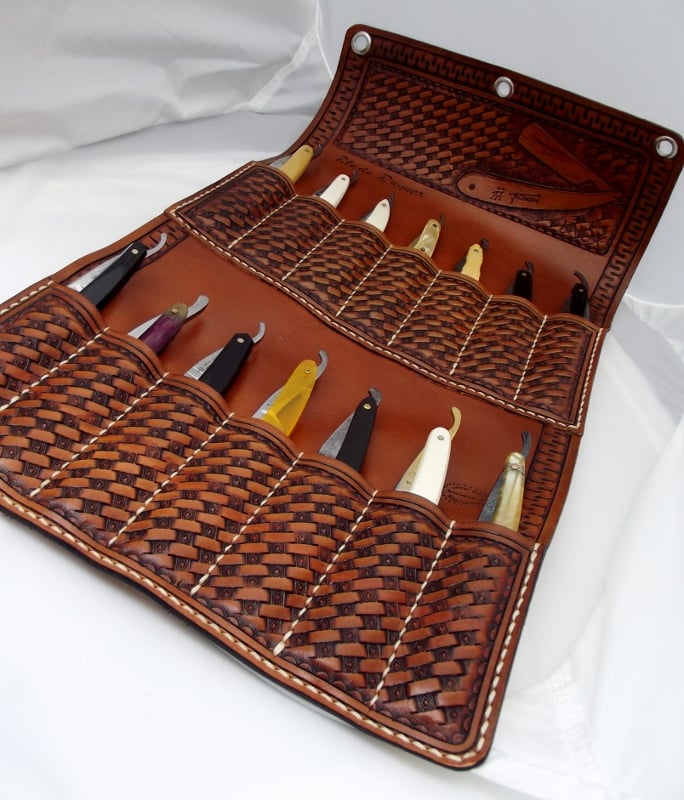 Image of Custom Hand Tooled Leather 7 or 14 Day Straight Razor wall display. Your image/design or idea.
