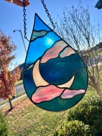 Image 2 of Aqua Blue Stained Glass Moon & Cloud Teardrop Suncatcher - Handmade Window Hanging with Pink Clouds