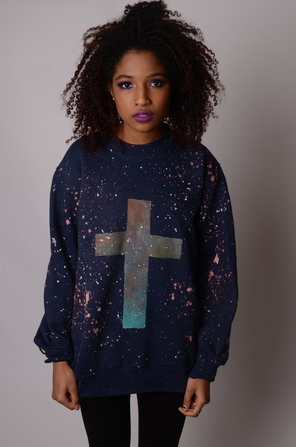 Image of Hand Painted Unisex Celestial Cross Crewneck Sweatshirt