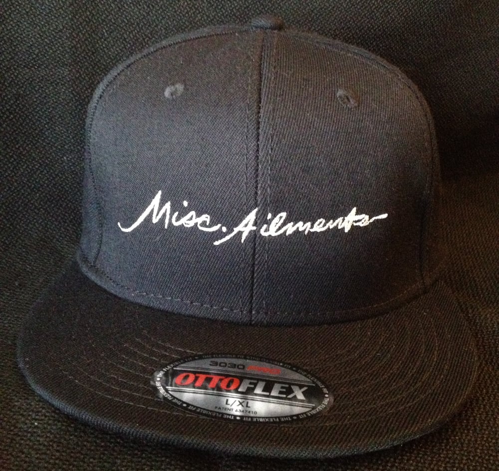 Image of MISC AILMENTS BLACK HAT FlexFit (white or red stitching) & 2 stickers *shipping included