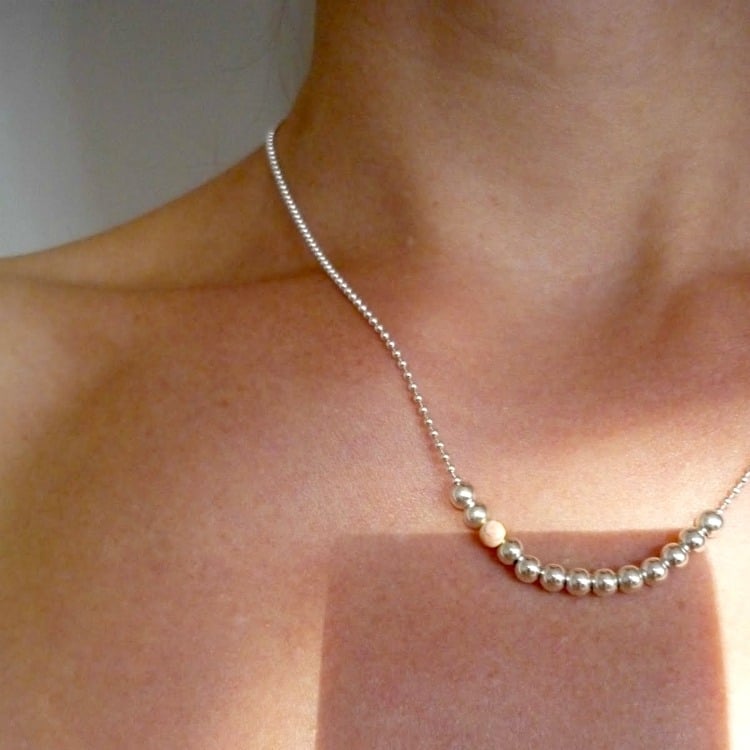 Image of Collier boules argent et bois "J'adore"