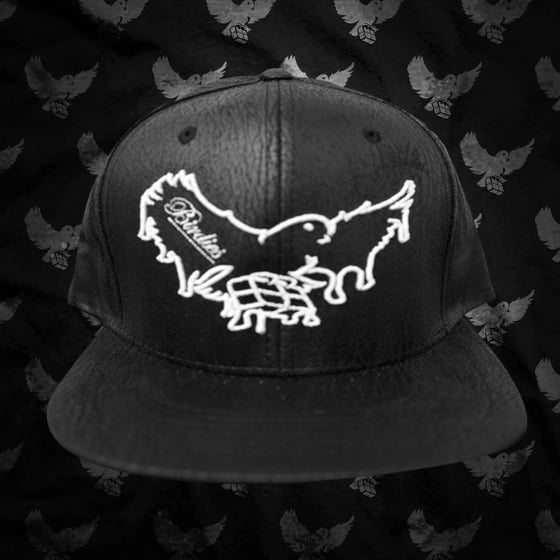 Image of Black/White Dripping Birdies Cracked Leather Snapback