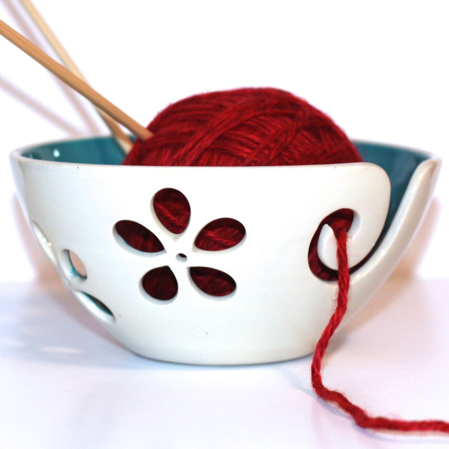 Image of Turquoise flower Yarn Bowl, Knitting Bowl, Crochet Bowl, Ready to Ship