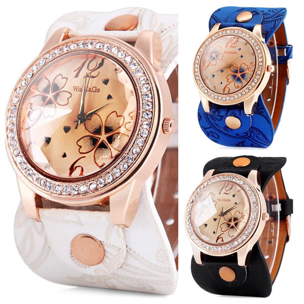 Image of Woman's Watch with Leather Watchband featuring Diamonds & Flowers