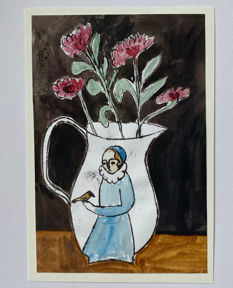 Image of Pink flowers in a bird in hand jug - monoprint artwork