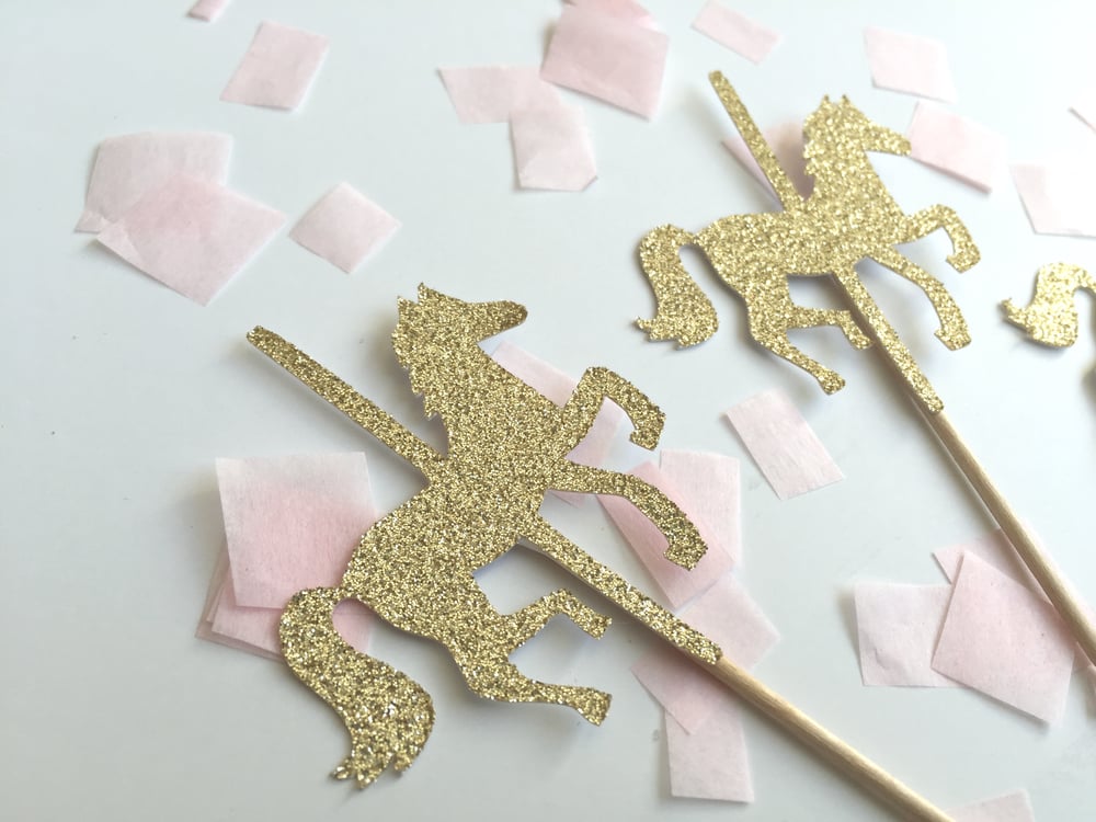 Paper Trail By Laura B 10 Gold Glitter Carousel Cupcake Toppers