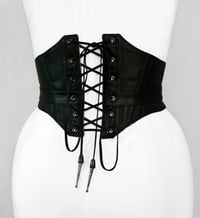 Image 3 of Black Leather w/ Black Celluloid Button Corseted Belt        