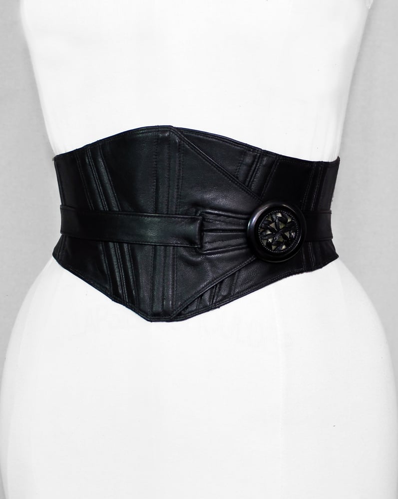 Image of Black Leather w/ Black Celluloid Button Corseted Belt        