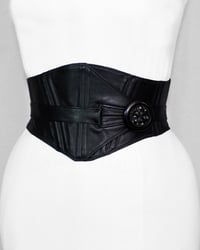 Image 2 of Black Leather w/ Black Celluloid Button Corseted Belt        