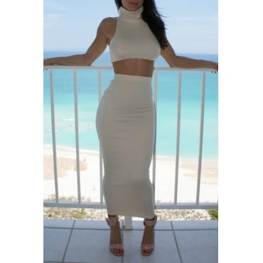 Image of Turtleneck Sleeveless White Polyester Two-piece Ankle Length Dress