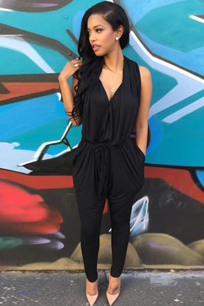 Image of V Neck Sleeveless Solid Black One-piece Harem Jumpsuit