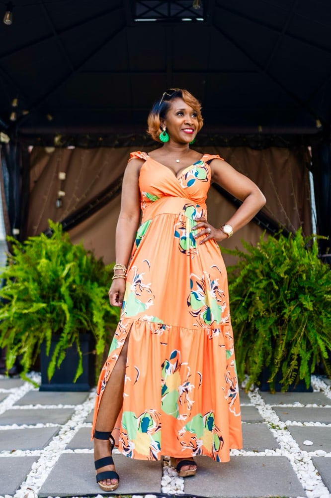 Image of Orange Floral Maxi w/side split 