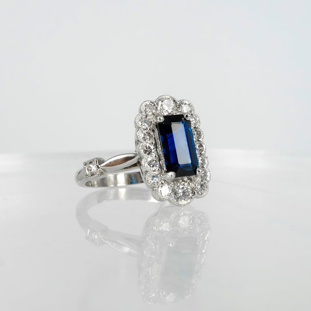 Image of PJ4092 18ct white gold art deco emerald cut blue Sapphire
