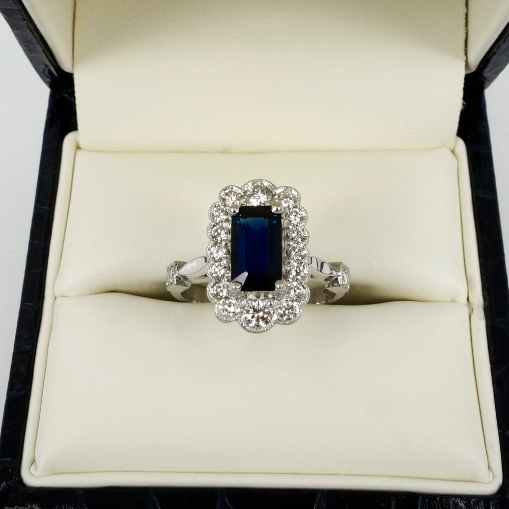 Image of PJ4092 18ct white gold art deco emerald cut blue Sapphire