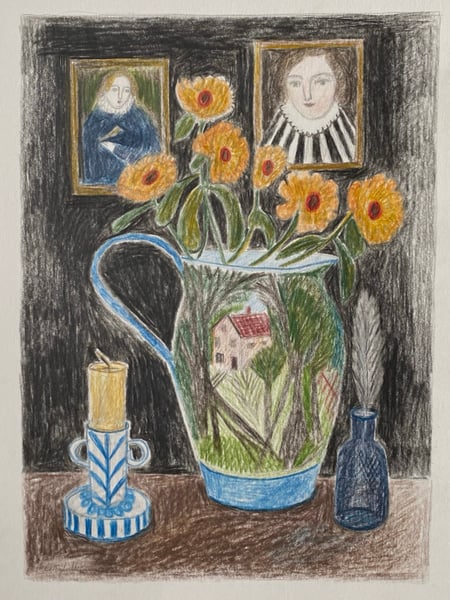 Image of Landscape jug with candlestick - original drawing 