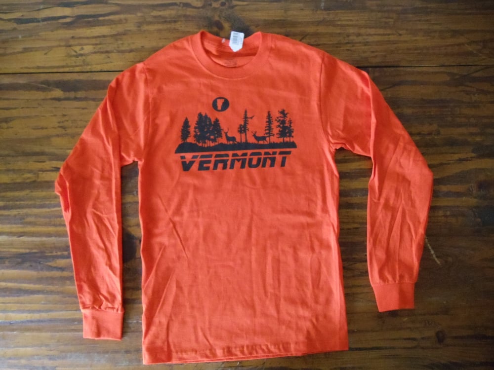 Image of Vermont Moonrise Long Sleeve Shirt - black on orange - Vermont Shirt - VT Long Sleeve