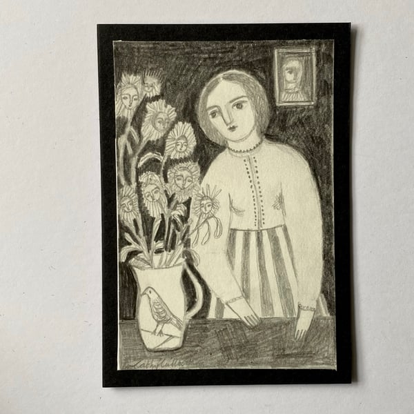 Image of Woman with a curious bird jug - October drawing