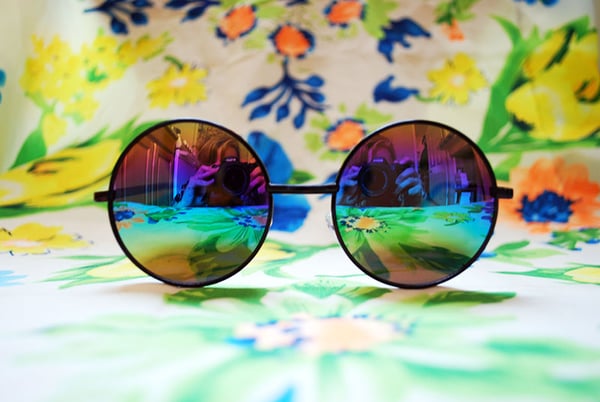Image of Oversized Round Sunglasses Vintage Black Circle Mirror Sunglasses Retro Hippie Rainbow