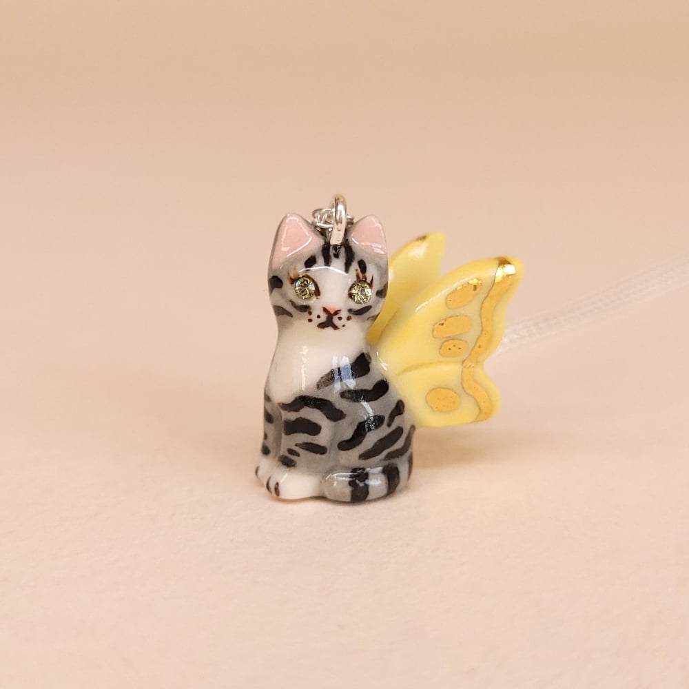 Image of Silver Tabby Porcelain & Sterling Silver Sitting Fairy Pendant