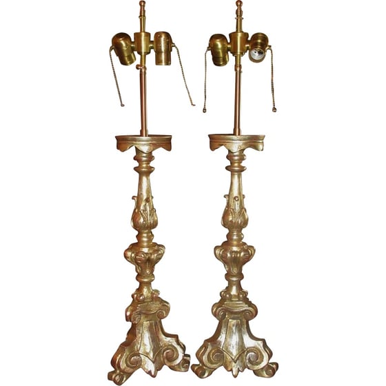 Image of Pair of Thomas Morgan Designer White Gold Gilt-wood Altar Candlestick Lamps