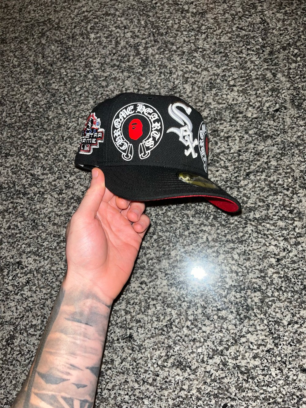 Image of RED BRIM BLACK WHITE SOX CUSTOM FITTED CAP