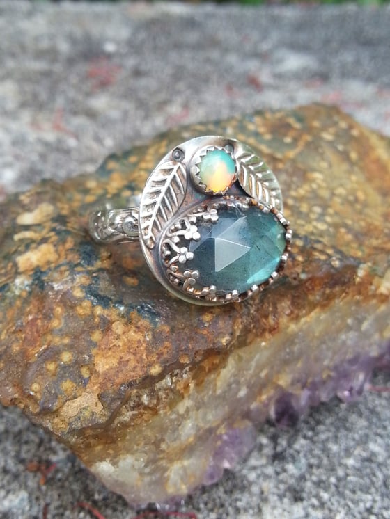 Image of Labradorite & Opal Leaf Sterling Ring