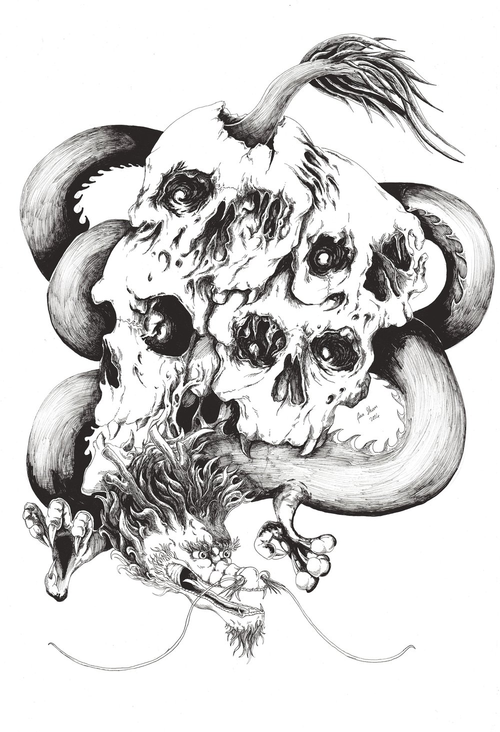 Image of Skulls and Dragon BW A3 Print