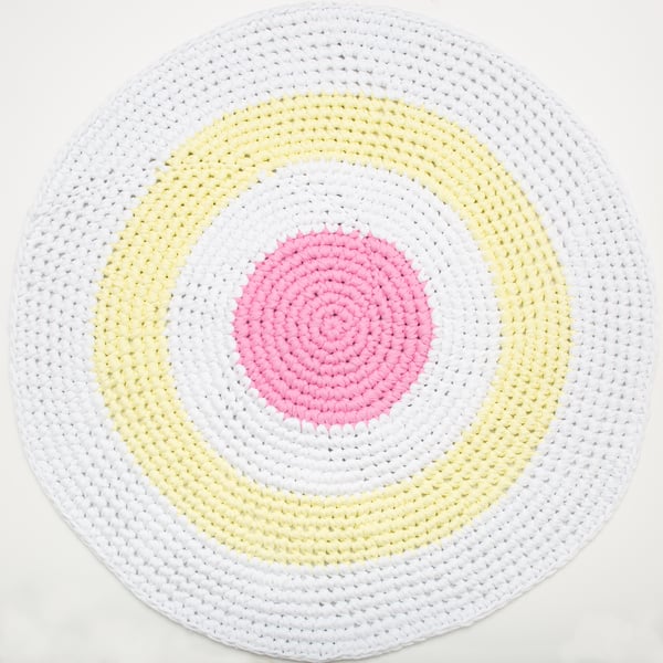 Image of White Yellow Pink Crochet Floor Rug