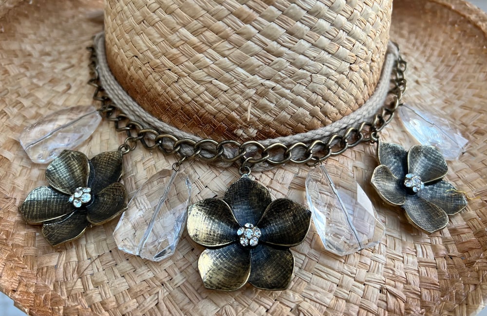 2 Tone Brown Cowboy Hat Metal Flower and Crystal Chain Band