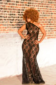 Image of black lace one-shoulder fishtail