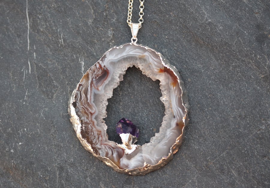 Image of Limited Edition Extra Large Agate And Amethyst Slice Pendant 1