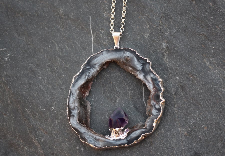 Image of Limited Edition Extra Large Agate And Amethyst Slice Pendant 2