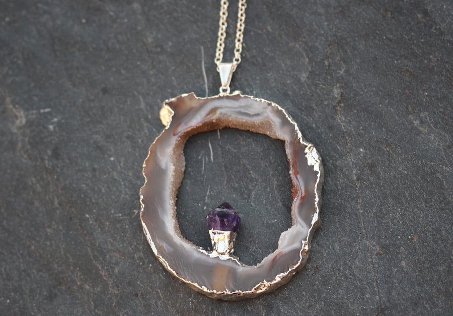 Image of Limited Edition Extra Large Agate And Amethyst Slice Pendant 3