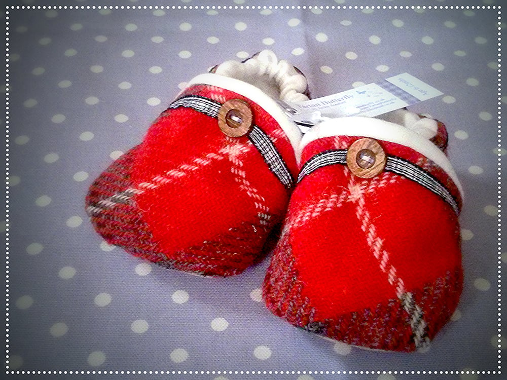 Image of Harris Tweed Baby Shoes - Red/Grey Check Unisex