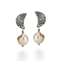Image 1 of crescent moon and pearl post earrings by peacesofindigo . E18-p