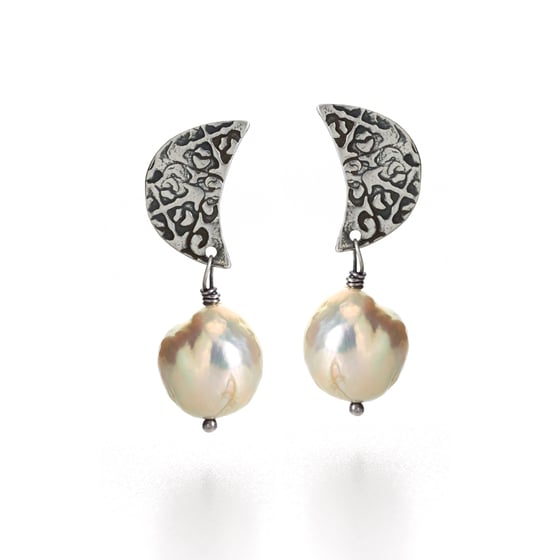 Image of crescent moon and pearl post earrings by peacesofindigo . E18-p