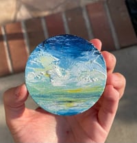Image 2 of “beach day” oil on 3” wood round 