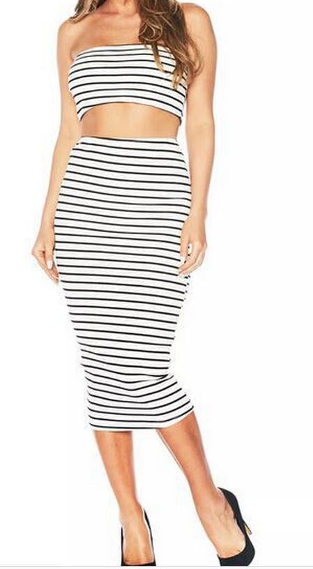 Image of TWO-PIECE STRIPE DRESS OF SPLIT LONG SKIRT THAT WIPE A BOSOM DRESS
