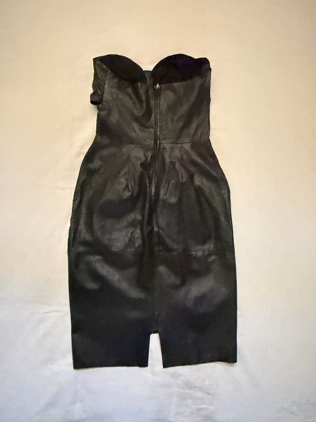70s leather strapless ruched rock and roll dress