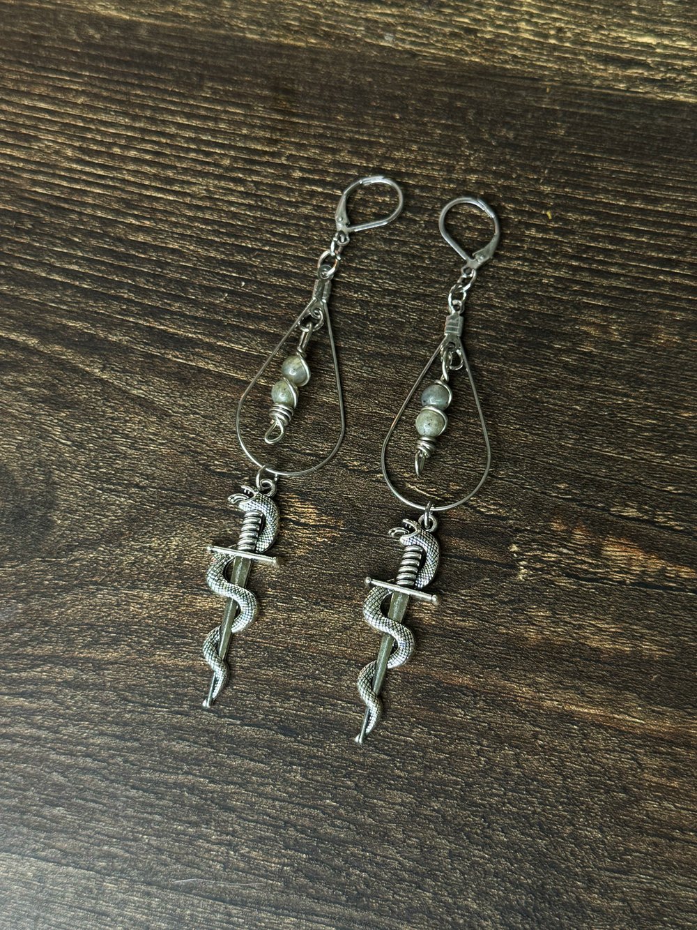 Image of Snake + Sword Protection Earrings w/ Labradorite