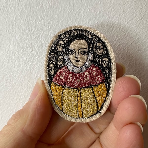 Image of NEW WORK A regal woman in deep red and gold - smaller embroidery brooch