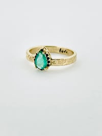 Image 3 of 14k gold emerald halo engagement ring with engraved vine band