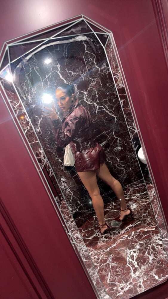 Image of BURGUNDY FAUX LEATHER MICRO SHORT SET (L)