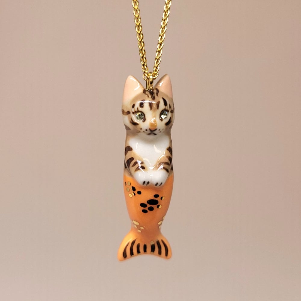 Image of Brown Tabby Purrmaid Porcelain & Gold Vermeil Pendant